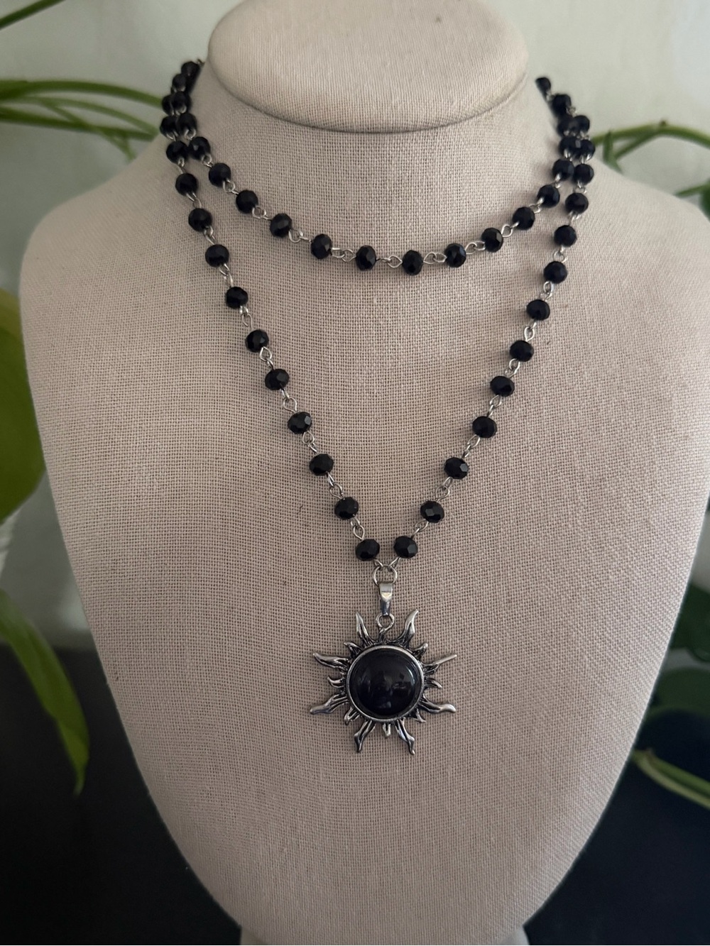 Vintage Black Glass Beaded Sun Burst Celestial Pendant Necklace